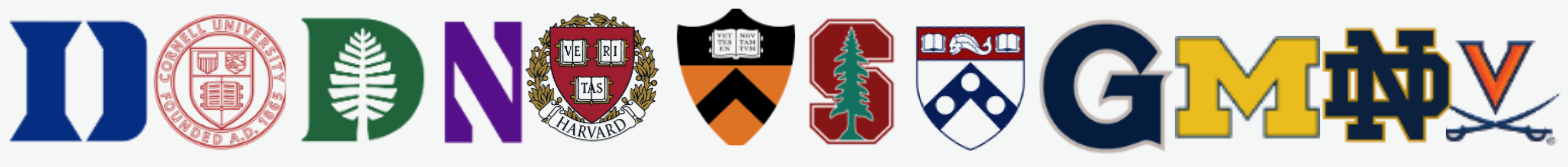 College logos including Duke, Cornell, Dartmouth, Northwestern, Harvard, Princeton, Stanford, UPenn, Georgetown, Michigan, Notre Dame, and UVA